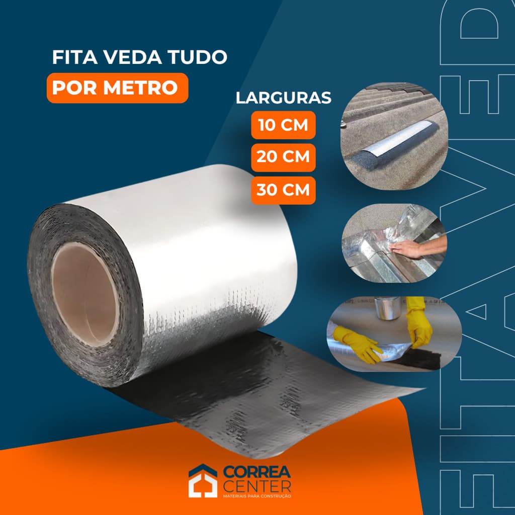 Fita Multiuso Manta Asfaltica Adesiva para Reparos Rufo Calha Telhado Veda Tudo 10cm 20cm 30cm POR METRO