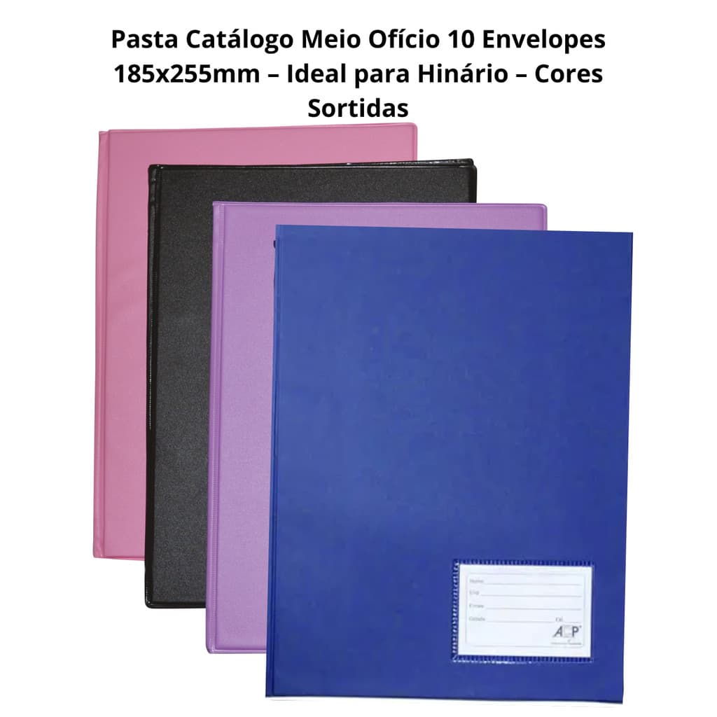 Pasta Catálogo Meio Ofício 10 Envelopes 185x255mm – Ideal para Hinário – Cores Sortidas