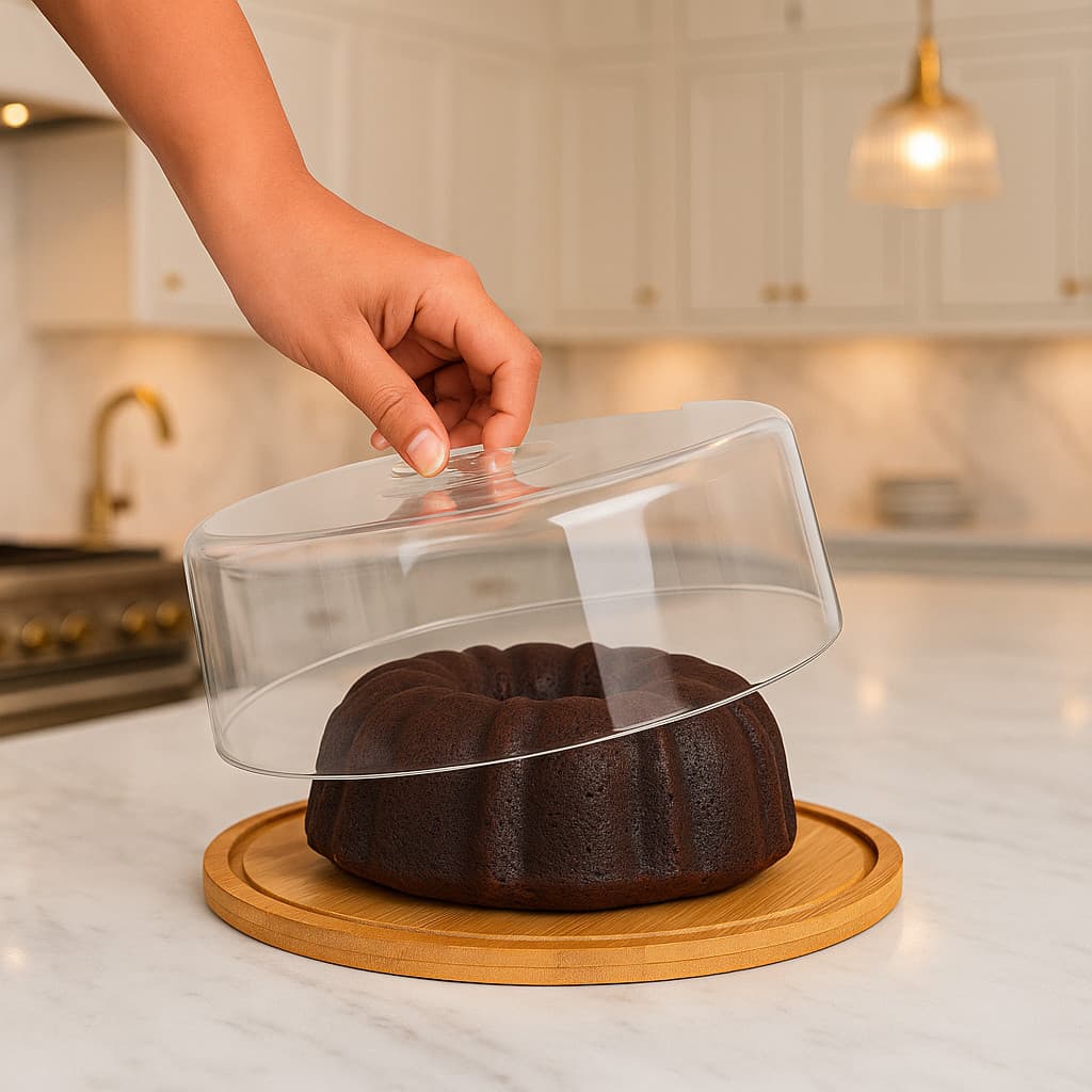 Boleira Bambu Com Tampa Em Acrílico Porta Bolo Para Bolo Torta Pudim Queijo 28cm