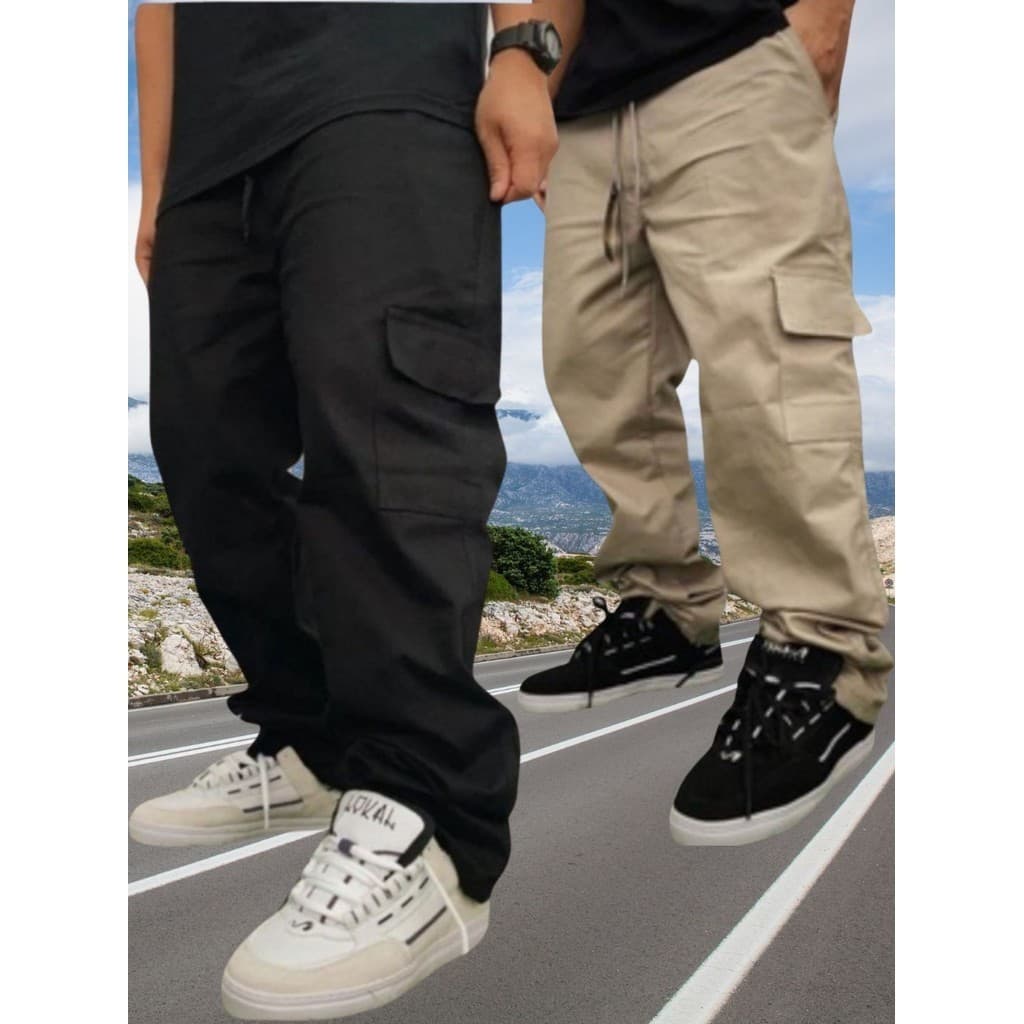 Kit 2 Calças Cargo masculino Roupas Masculinas elegante 6 Bolsos skate Larga Fechamento Cordão