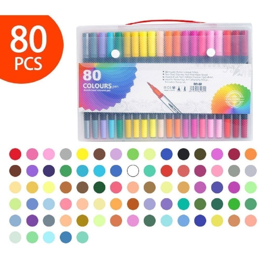 Kit 80 Canetas 2 em 1 Brush Lettering e Ponta Fina Dual Pen Canetinha Colorir Desenho