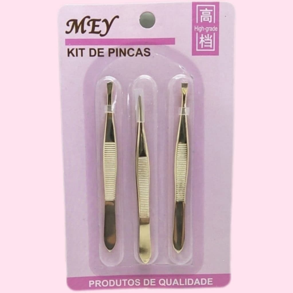 Kit 3 Peças Pinças de Aço Inoxidável Para Remoção de Pelos e Modelagem de Sobrancelhas - MEY - Alta Qualidade