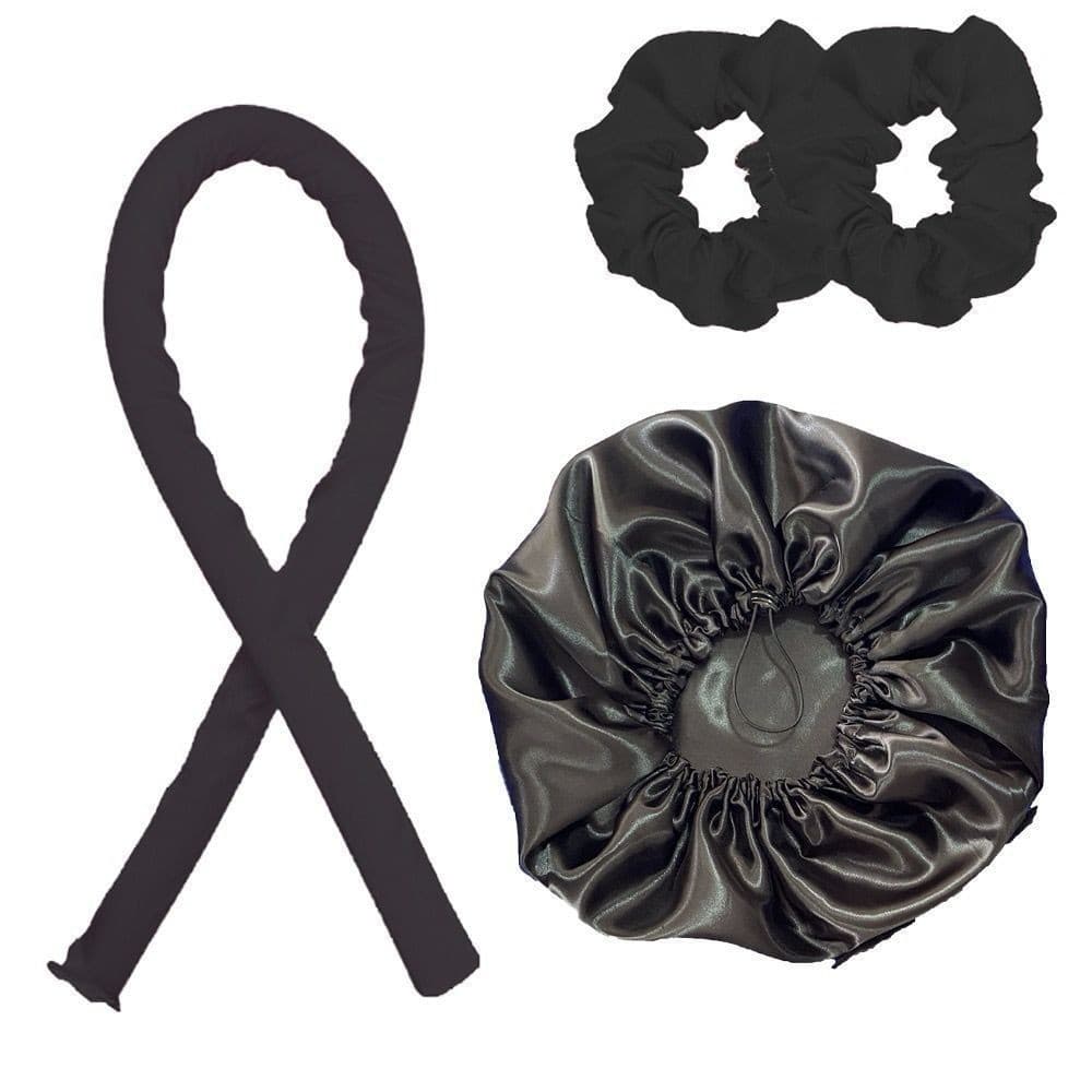 KIT 4 Peças Com Modelador de Cachos Heatless em Cetim + 2 Xuxinha Cetim + Touca Dupla Face - Protege e Define - WL