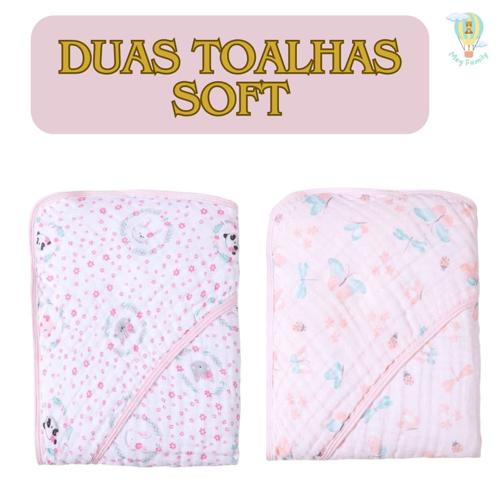 Kit Duas Toalha de Banho Fralda Soft com Capuz para Bebê Recém Nascidos