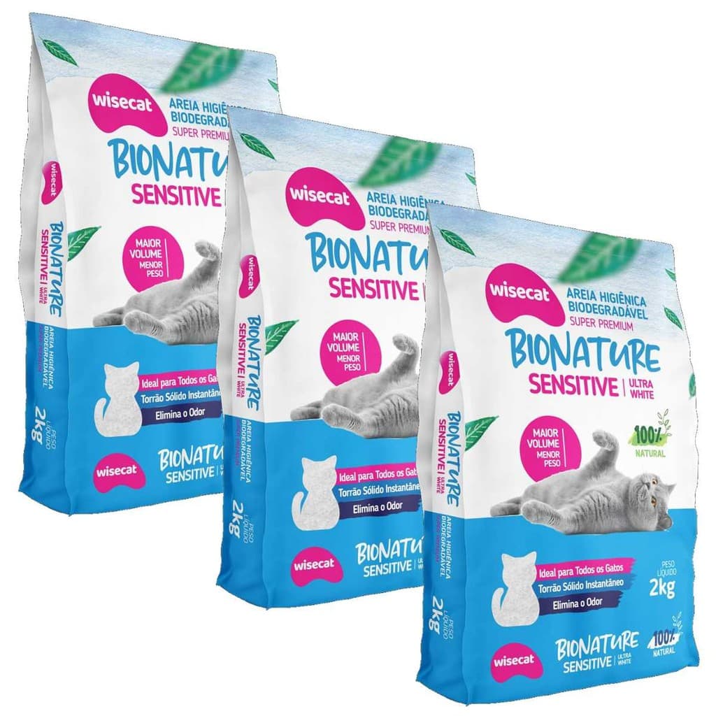 Areia Higiênica De Mandioca Para Gatos Sensitive 2kg kit 3Un