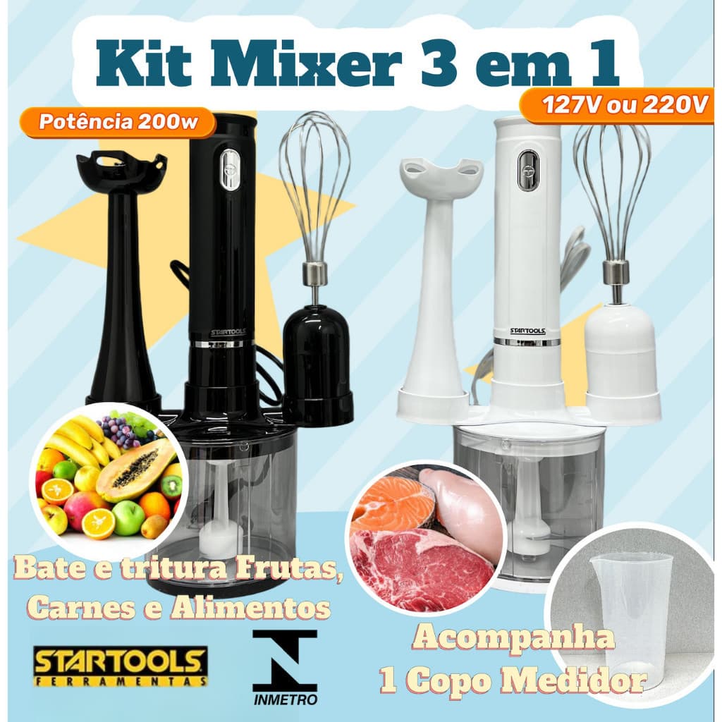 Kit Mixer Triturador 3 em 1 Elétrico Bate Alimentos 127V Ou 220V Processador 200W Inmetro Startools