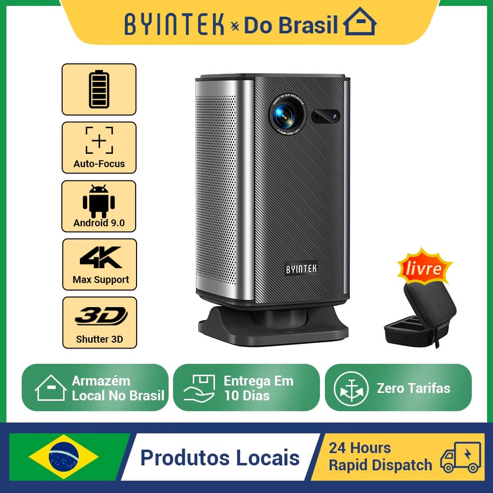 BYINTEK P70X Mini Projetor Portátil Com Bateria Embutida 4K Suporte 3D Wifi Para Filme Ao Ar Livre