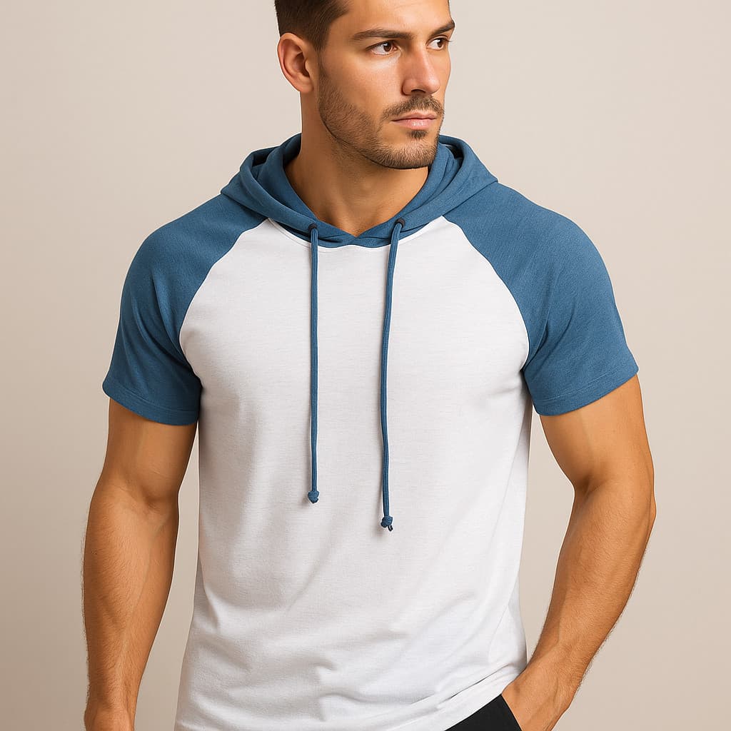 Camiseta Masculina Raglan Capuz Regulagem Manga Curta Algodão Peruano