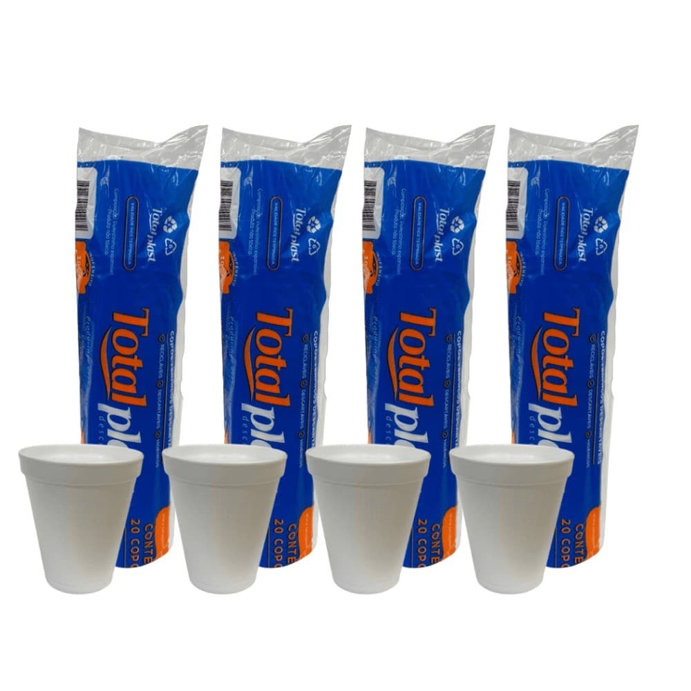 4 Pacotes de Copo de Isopor 240ml Totalplast com 20 unidades