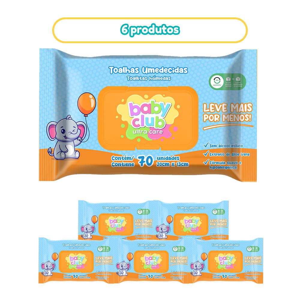 06 Pacotes Toalha Umedecida Tradicional 70 Fls Baby Club