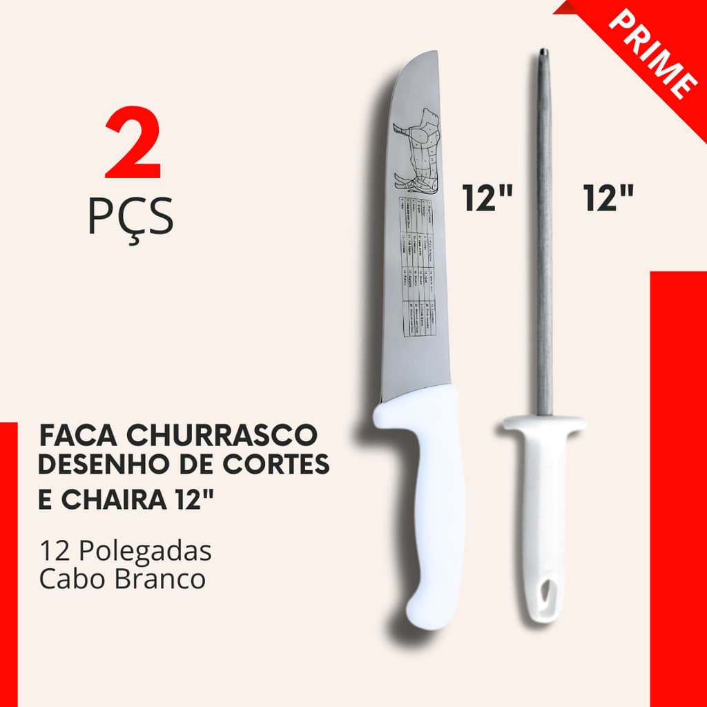 Faca de Churrasco Kit 2 ou 1 Peça Tamanho 12"e Chaira 12" Açougue Carnes Profissional Cabo Branco