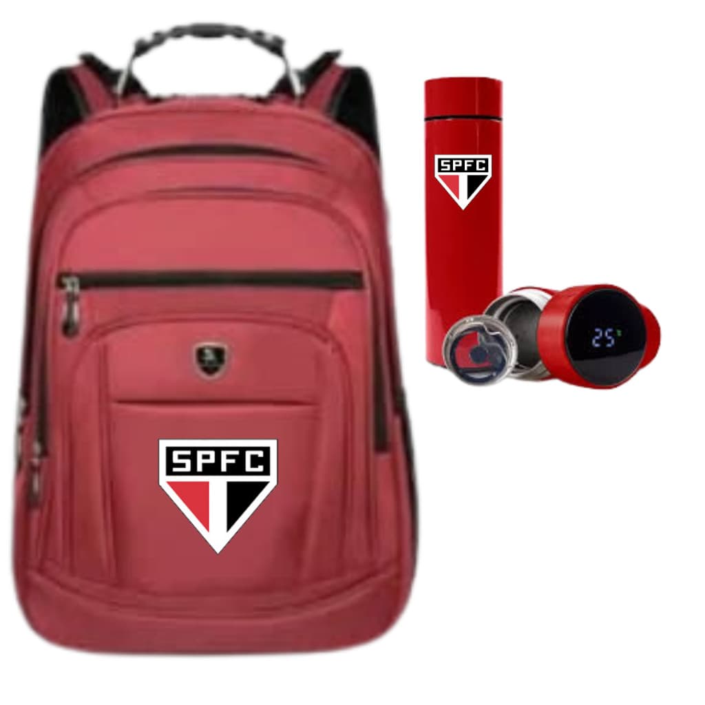 Mochila Bolsa Masculina Time Sao Paulo reforçada + Garrafa Térmica De Água 500ML Com termostato Academia/Escola