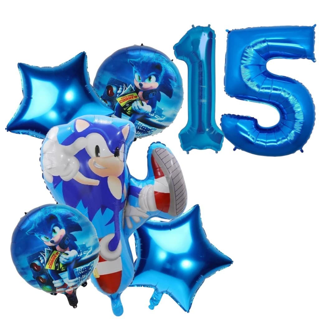 Kit Festa 5 Balão Metalizado Sonic Descoração + Balão Redondo Sonic + Estrela Metalizados + Numero 40cm
