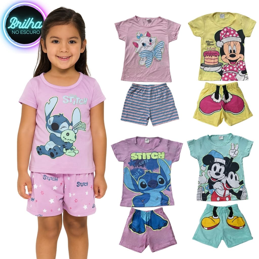 Conjunto Pijama Brilha no Escuro Personagens Menina Infantil Minnie Stitch Malha Levinha