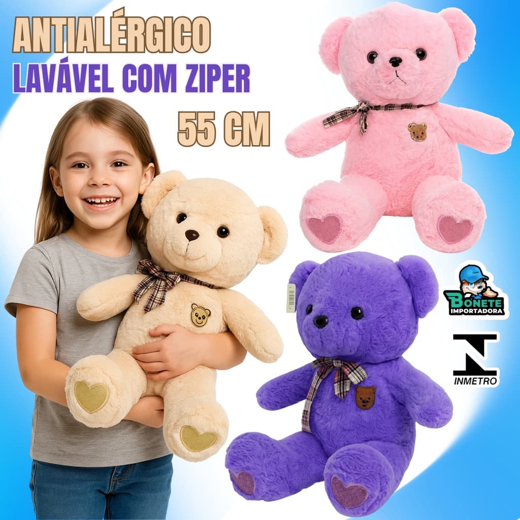 Pelúcia Urso 55cm Antialérgico – Lavável e Certificado