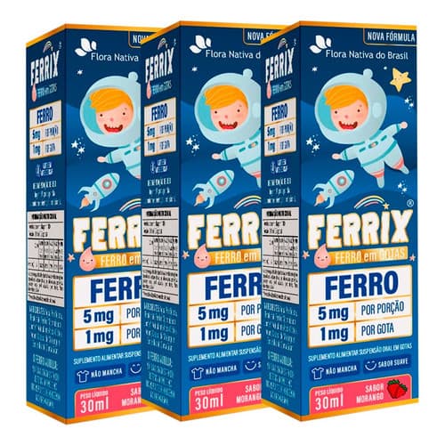 Kit 3 Suplemento Infantil Ferrix Ferro 5mg 30ml Sabor Morango