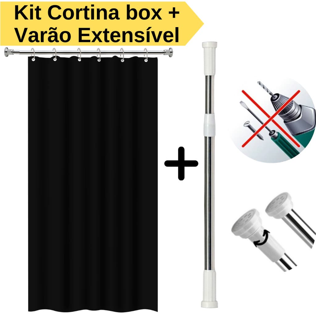 Kit Cortina Box Banheiro Sem Visor + Varão Suporte Extensivel Anti Mofo Varias Cores