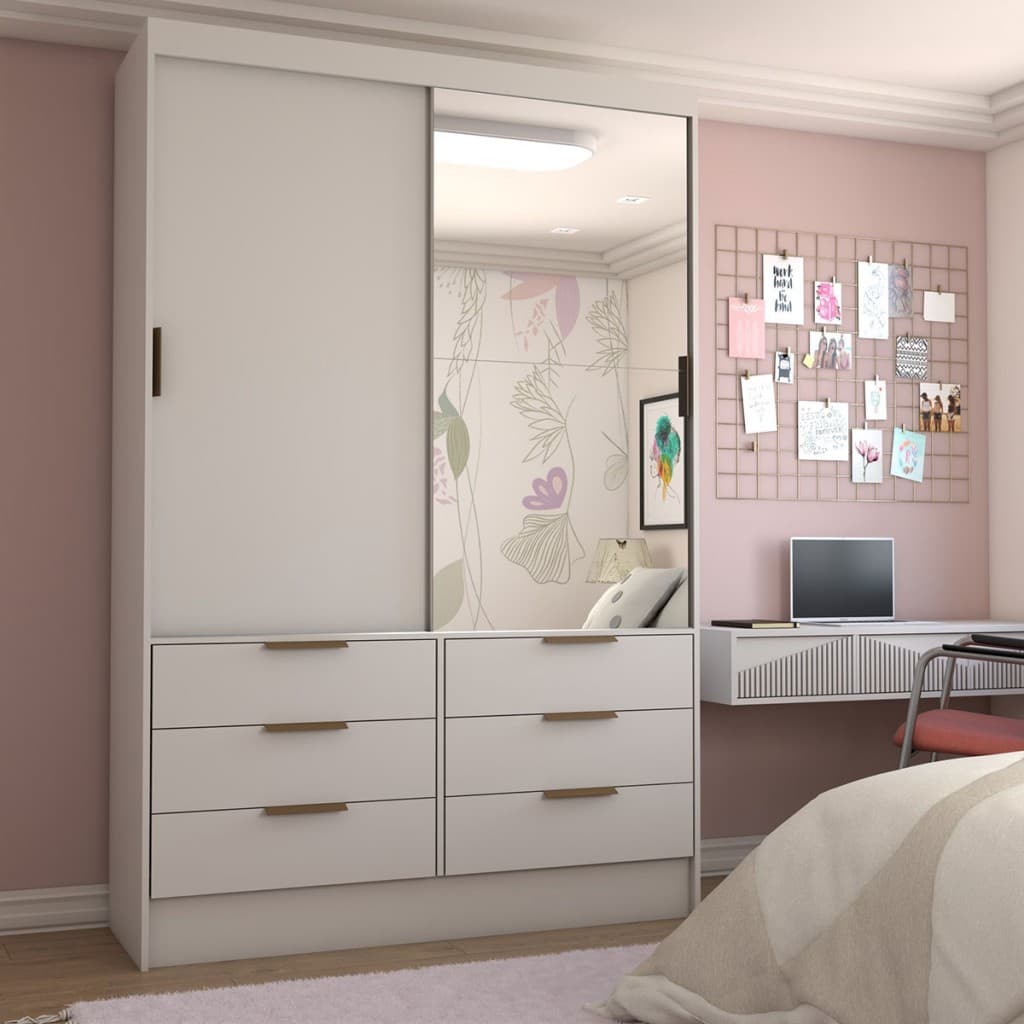 Guarda-Roupa Infantil Cameron 2 Portas de Correr 6 Gavetas com Espelho