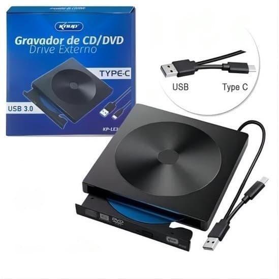 Gravador Cd / Dvd Drive Externo Usb 3.0 Knup Usb / Tipo-C KP-LE303