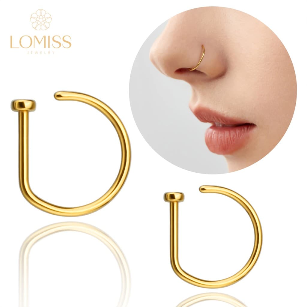 LOMISS Piercing Nariz Argola D-Ring Dourado Aço Cirúrgico Nostril, Septril, Rook, Conch