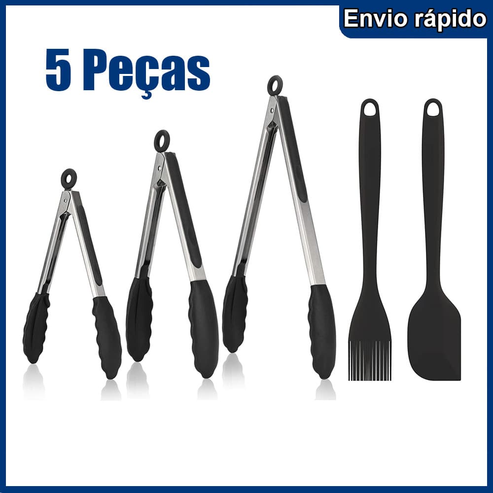 5 Peças Pegador De Silicone e Inox Para Carne Churrasco Salada Cozinha Pinça