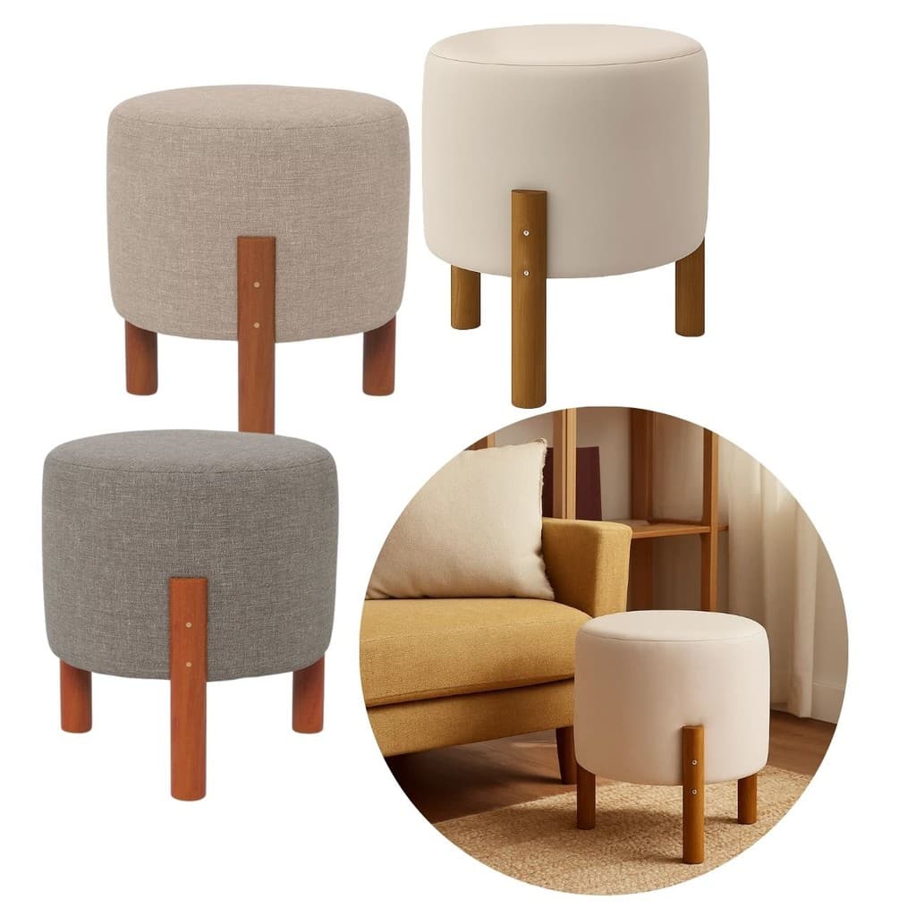 Puff Redondo Luxo Apolo com Pés em Madeira Maciça