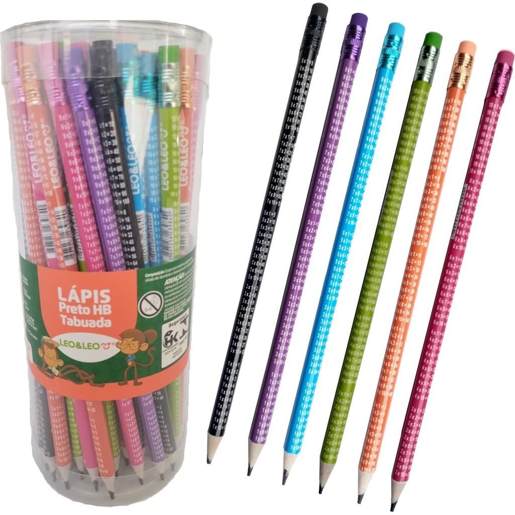 Kit Lápis de Escrever Preto HB Tabuada Decorado com Borracha LeoeLeo Material Escolar Escritório