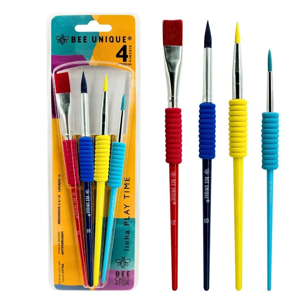Kit Pincel Play Time Bee Unique com 4 Peças - Yj-190040