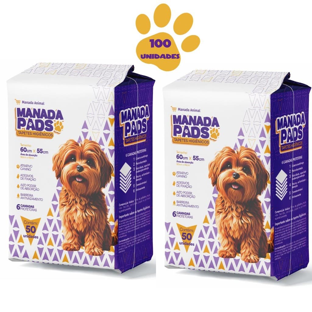 KIT Tapete Higiênico Para Cães Manada Pads 55X60 100 Unidades Envio Imediato Manada Animal