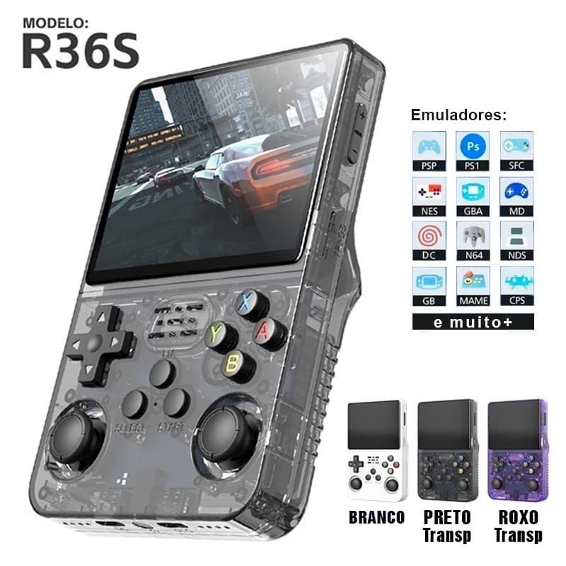 Console Portátil R36S Sistema Arkos 2.0 + de 15.000 Jogos Vídeo Game 64g Linux Tela IPS 3.5 Polegadas a Pronta Entrega