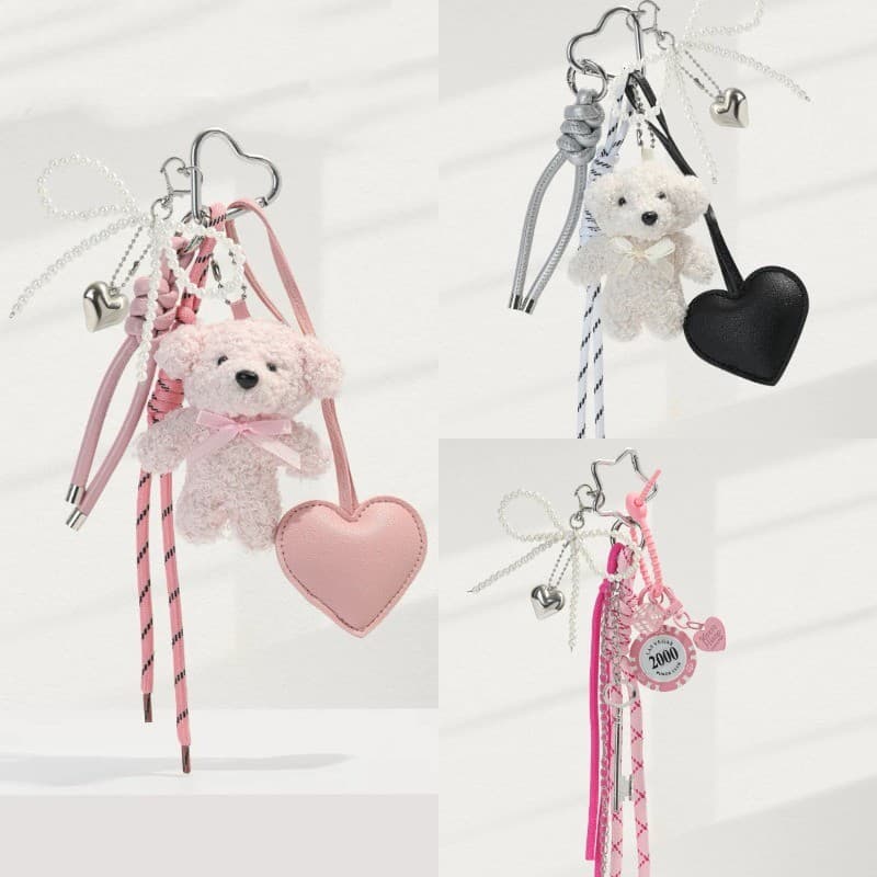 Bonito Urso Couro Do Plutônio Coração Chaveiro Doce Y2k Pingente Pérola Arco Corda Decorações Jóias Presente Decoração