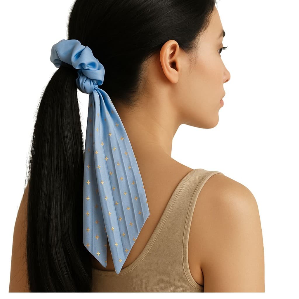 Laço Cabelo Scrunchie Plissado Feminino com Detalhe Dourado