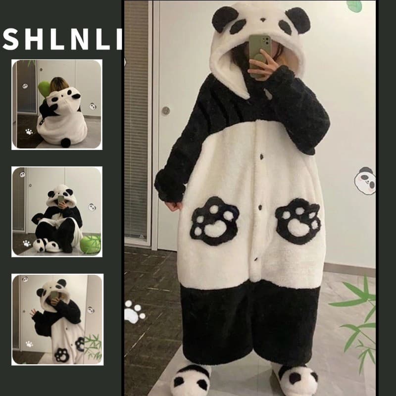 Outono Inverno Feminino Desenho Animado Panda Pijama Com Capuz Flanela Lã Roupa De Dormir