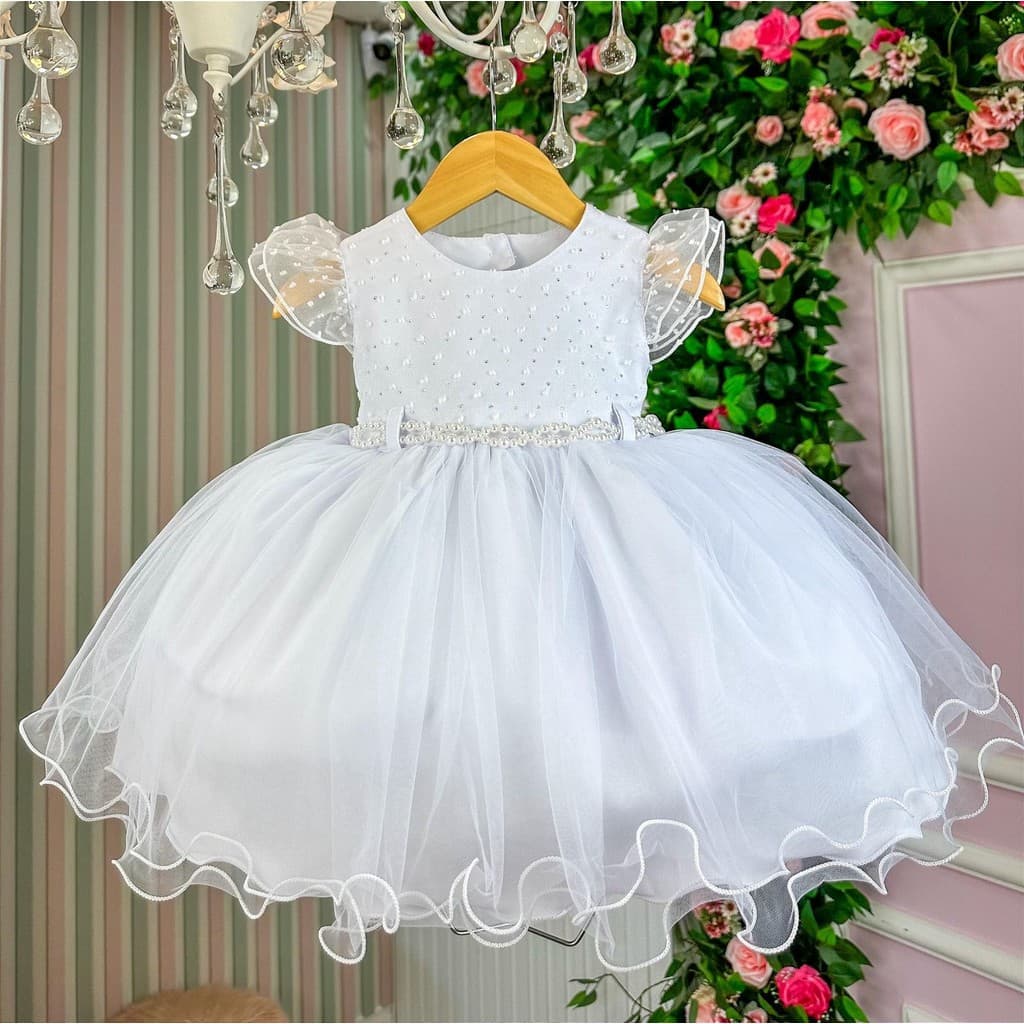 Vestido festa infantil batrizado branco daminha primeira comunhao realeza luxo Rn a 3 anos