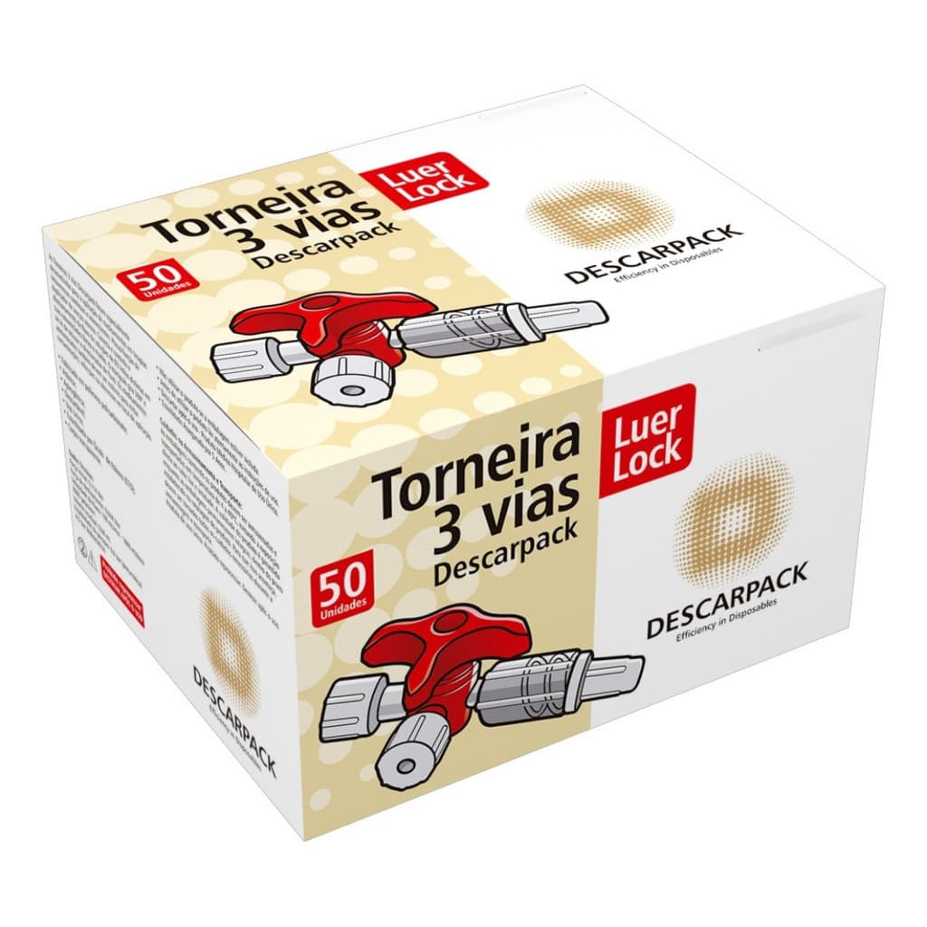 Torneira 3 Vias Vermelhas Luer Lock Descarpack Anvisa c/ 50 Unidades