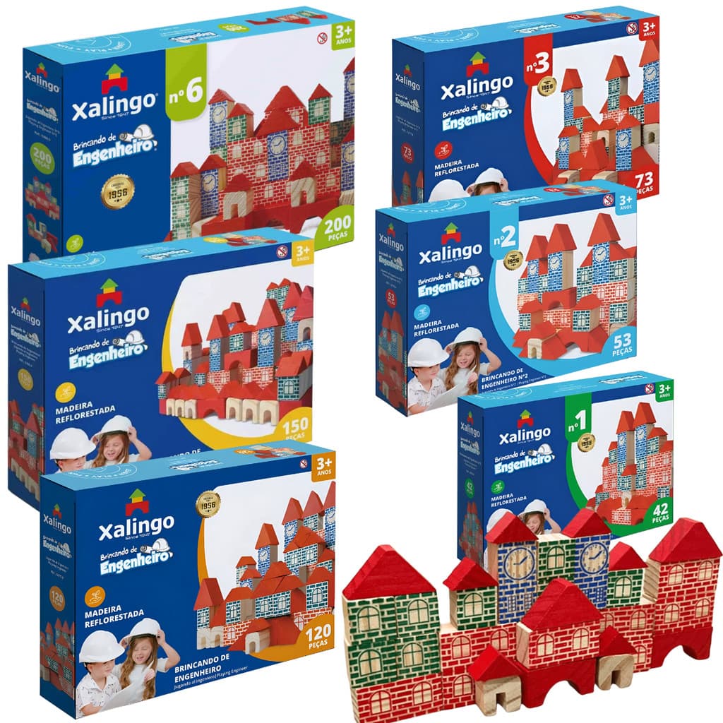 Brinquedo Educativo Brincando De Engenheiro Bloco Construção Madeira Montar Infantil Criança Xalingo