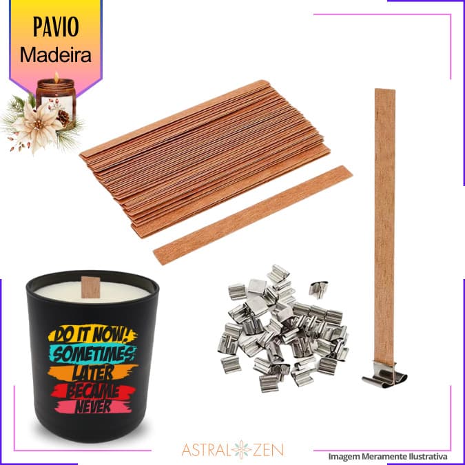 Pavio de Madeira Para Velas com Suporte Sustentador 13cm  Kit C/ 20 e 100 Unidades
