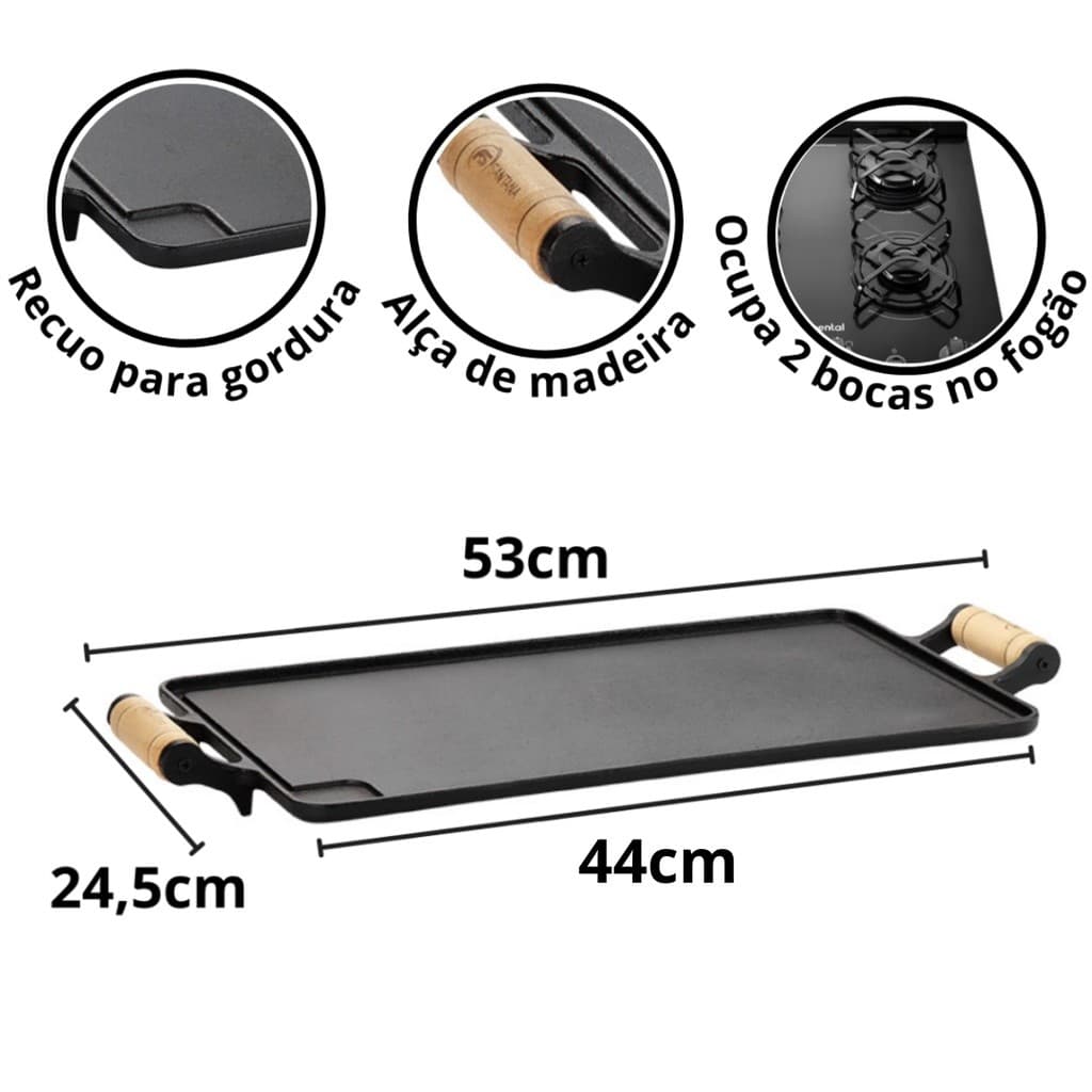 Chapa Bifeteira De Ferro Grande 53x24,5 2 Alças De Madeira Santana