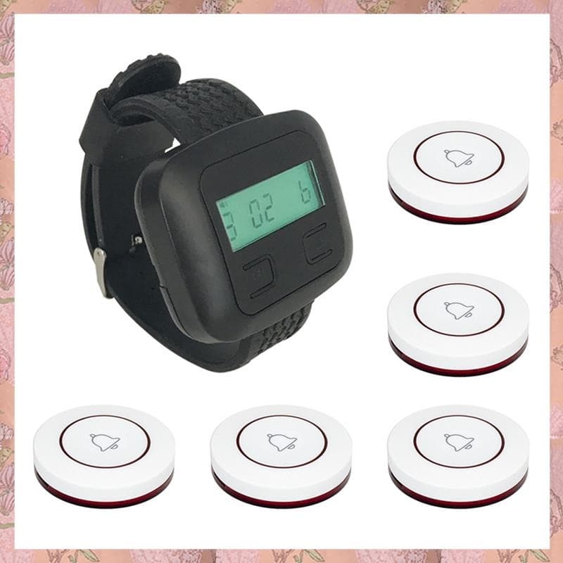 [Jbrw] Sistema De Chamada De Restaurante Sem Fio Transmissores De Botão 5 Mesa 1 Pager De Relógio , Campainha De Serviço De Garçom