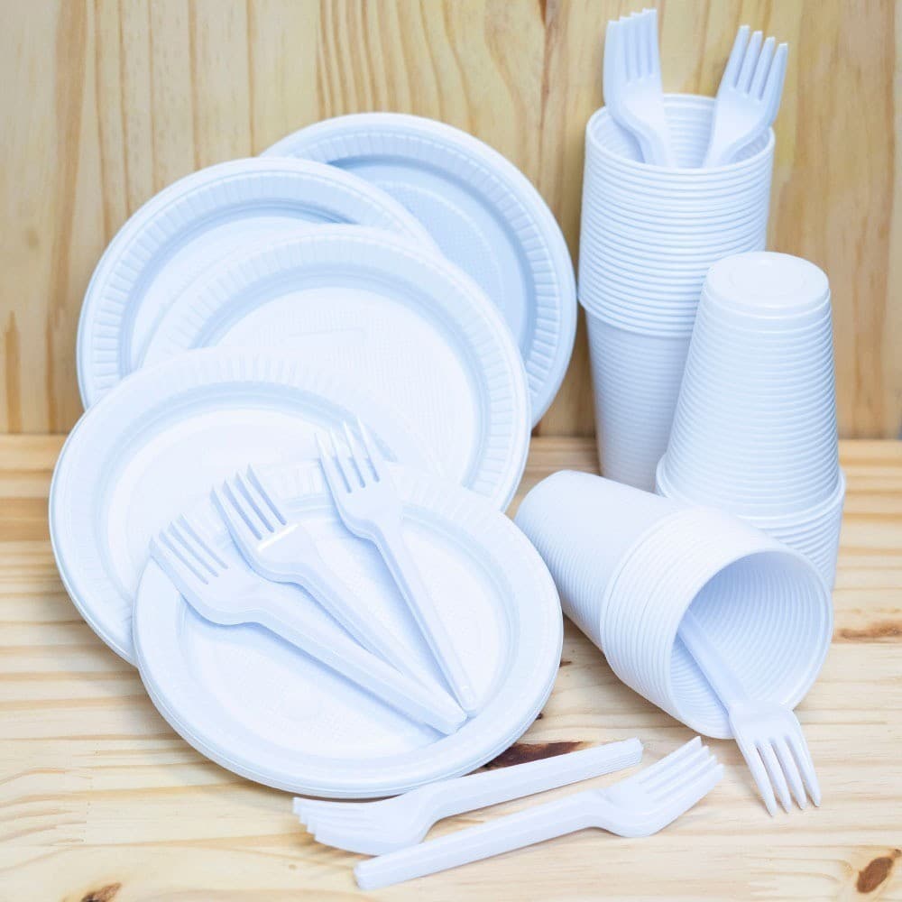 Kit Descartáveis para Festa Econômico Branco Garfo Prato e Copo Descartável 50 Pessoas