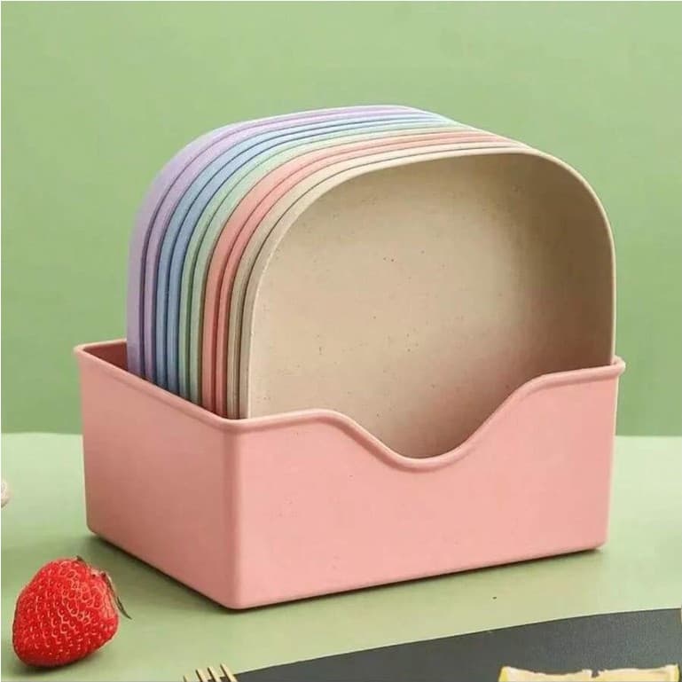Kit 10 Pratos Plástico Colorido Sobremesa Quadrado Reutilizavel Fundo Com Suporte organizador