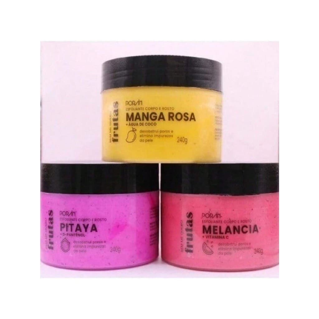3 Unidades Esfoliante Poran Corpo e Rosto - Melancia , Pitaya, Morango, Pessego e Manga Rosa 240G