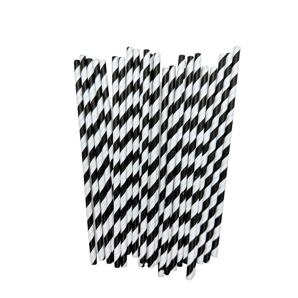 Canudo de Papel Preto Listrado Grande 25 Unidades