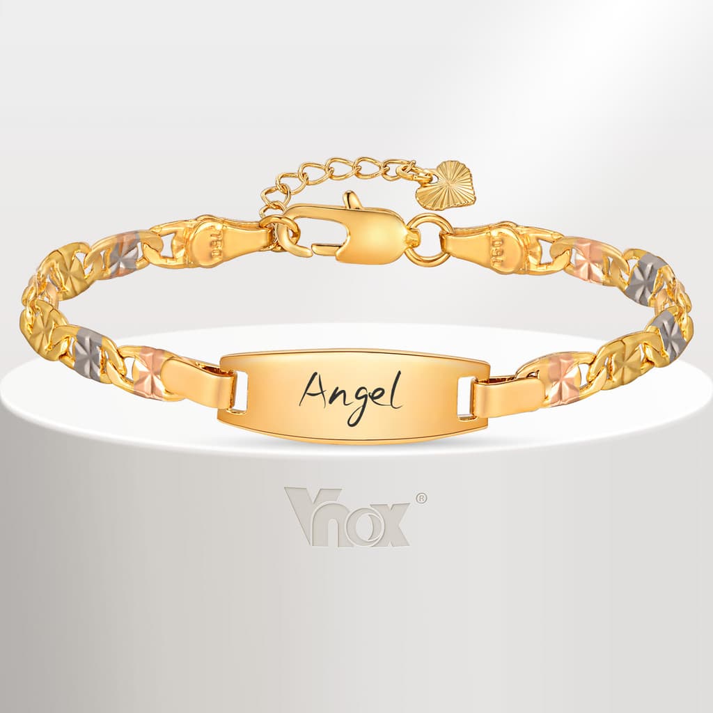 Pulseira De Identificação Infantil Personalizada Vnox , Conjunto De Corrente De Barra Com Nome Personalizado Tricolor Banhado A Ouro 18K , Aniversário