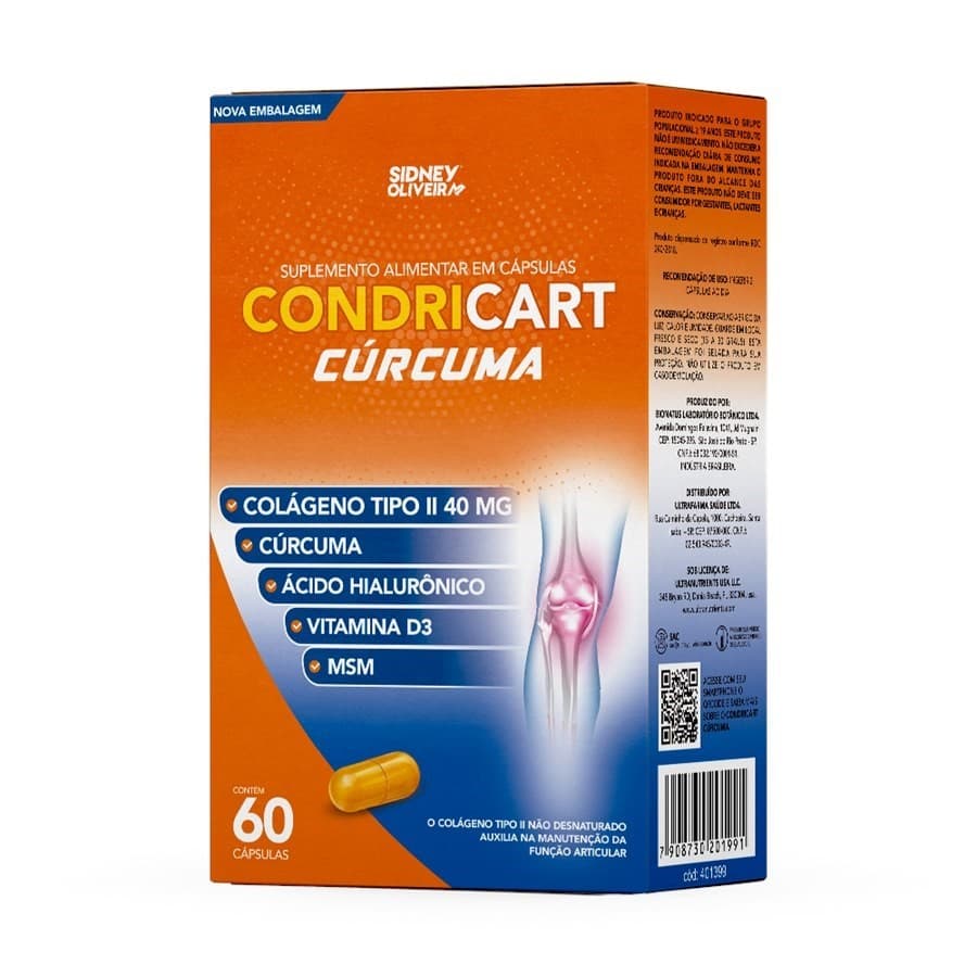 CONDRICART CURCUMA COLÁGENO TIPO II + CURCUMA + ÁCIDO HIALURÔNICO + VITAMINA D3 + MSN 60 CÁPSULAS