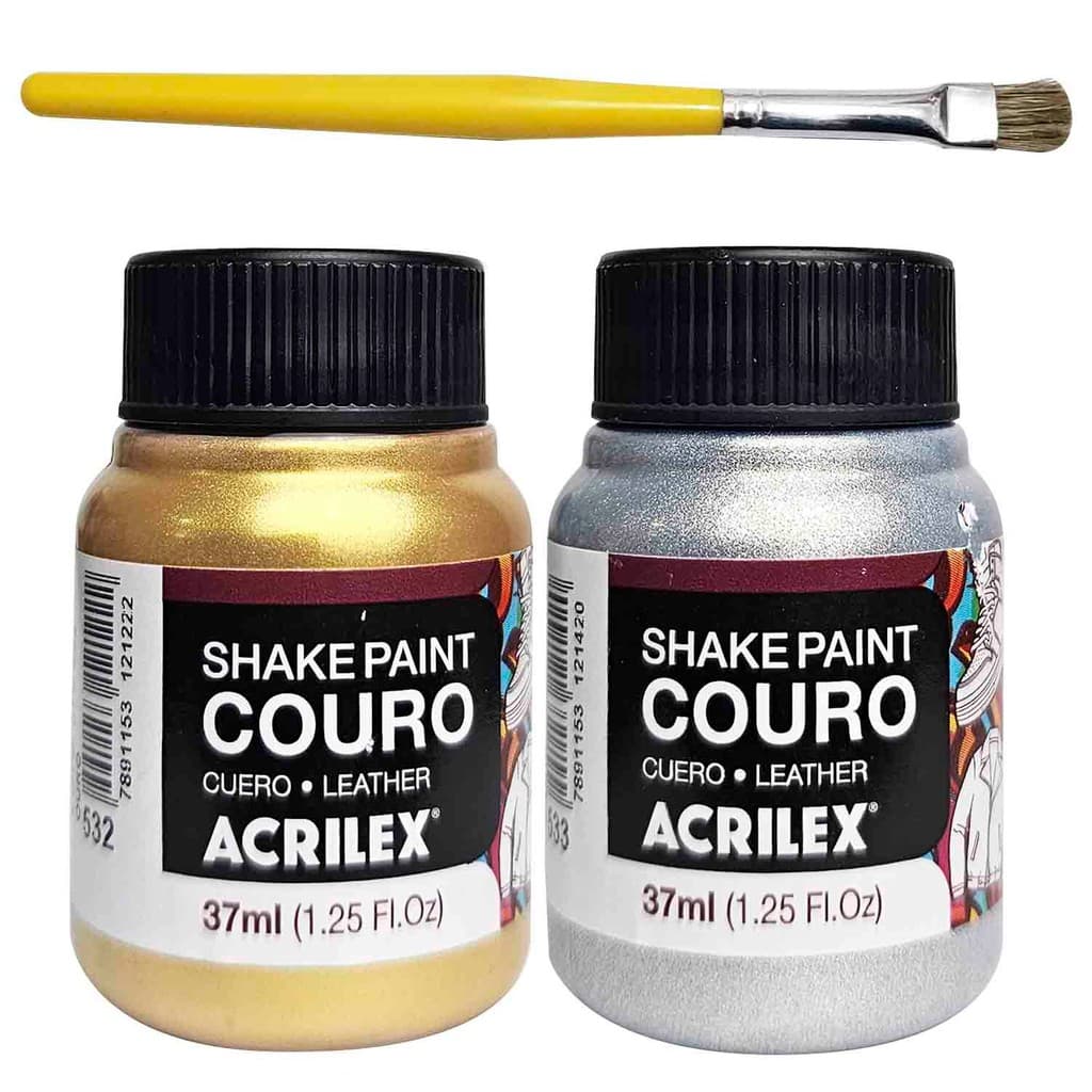 Tinta para couro ouro e prata e pincel premium shake