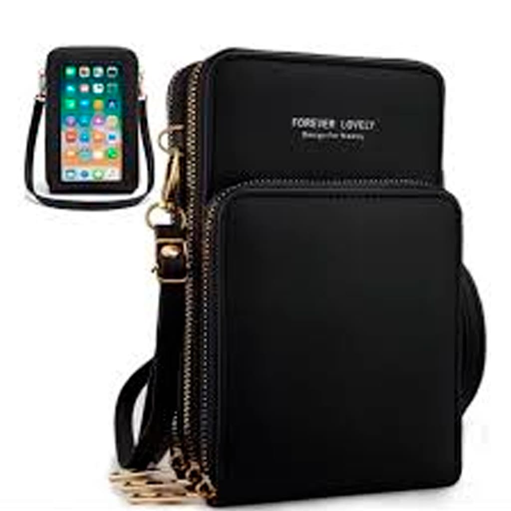 Bolsa tiracolo Transversal Porta Cartão (3 zíper) Pequena porta Celular touch transparente atrás