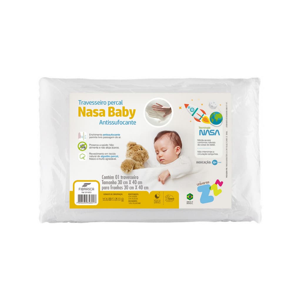 Travesseiro NASA Baby Antissufocante Infantil Percal 180 Fios Antiácaros 30x40cm - Fibrasca - Branco
