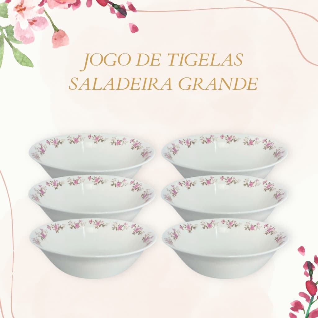 Jogo De Tigelas De Vidro 750ML Tamanho 19cm Cumbuca Saladeira 6 ou 12 Peças Designer Flores Na Borda