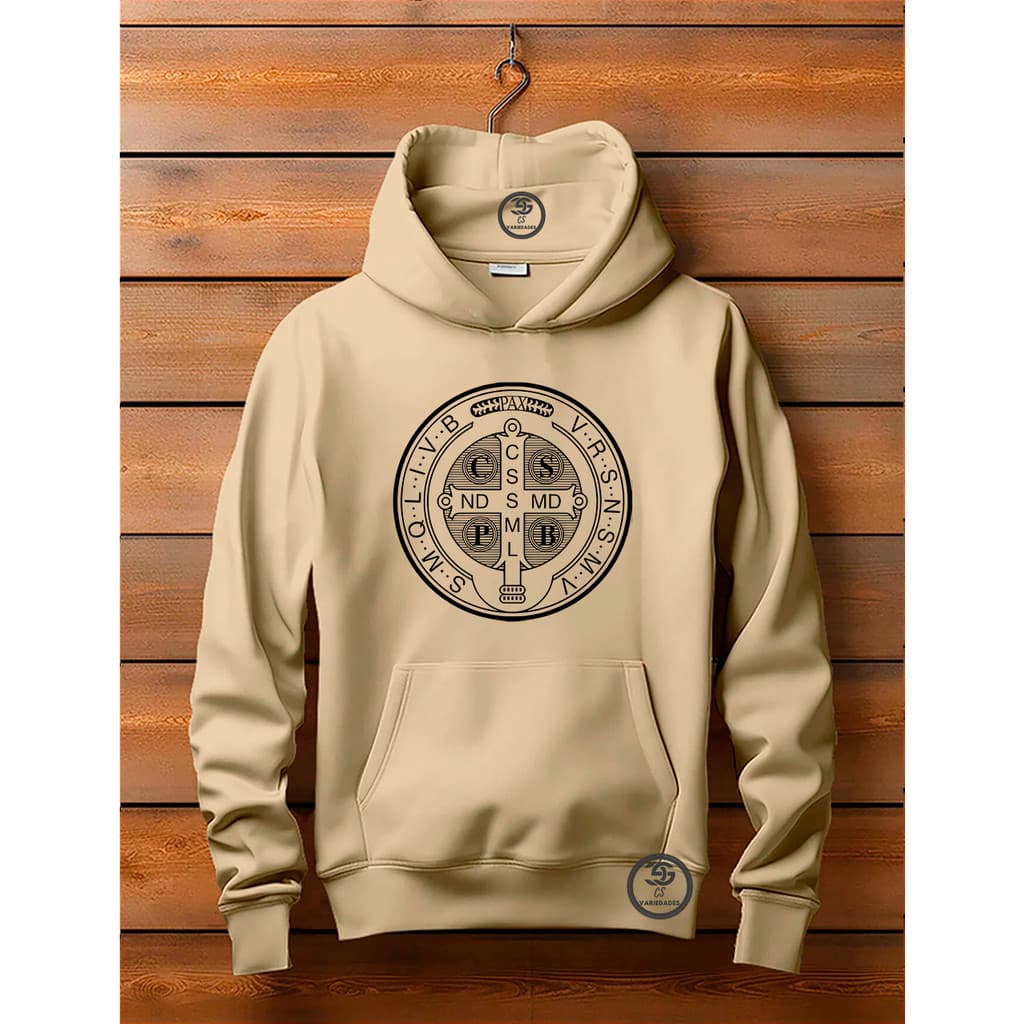 Moletom unissex Canguru Linha Premium Medalha de São Bento Blusa Feminina Com bolso e capuz  Estampa Moda Cristã
